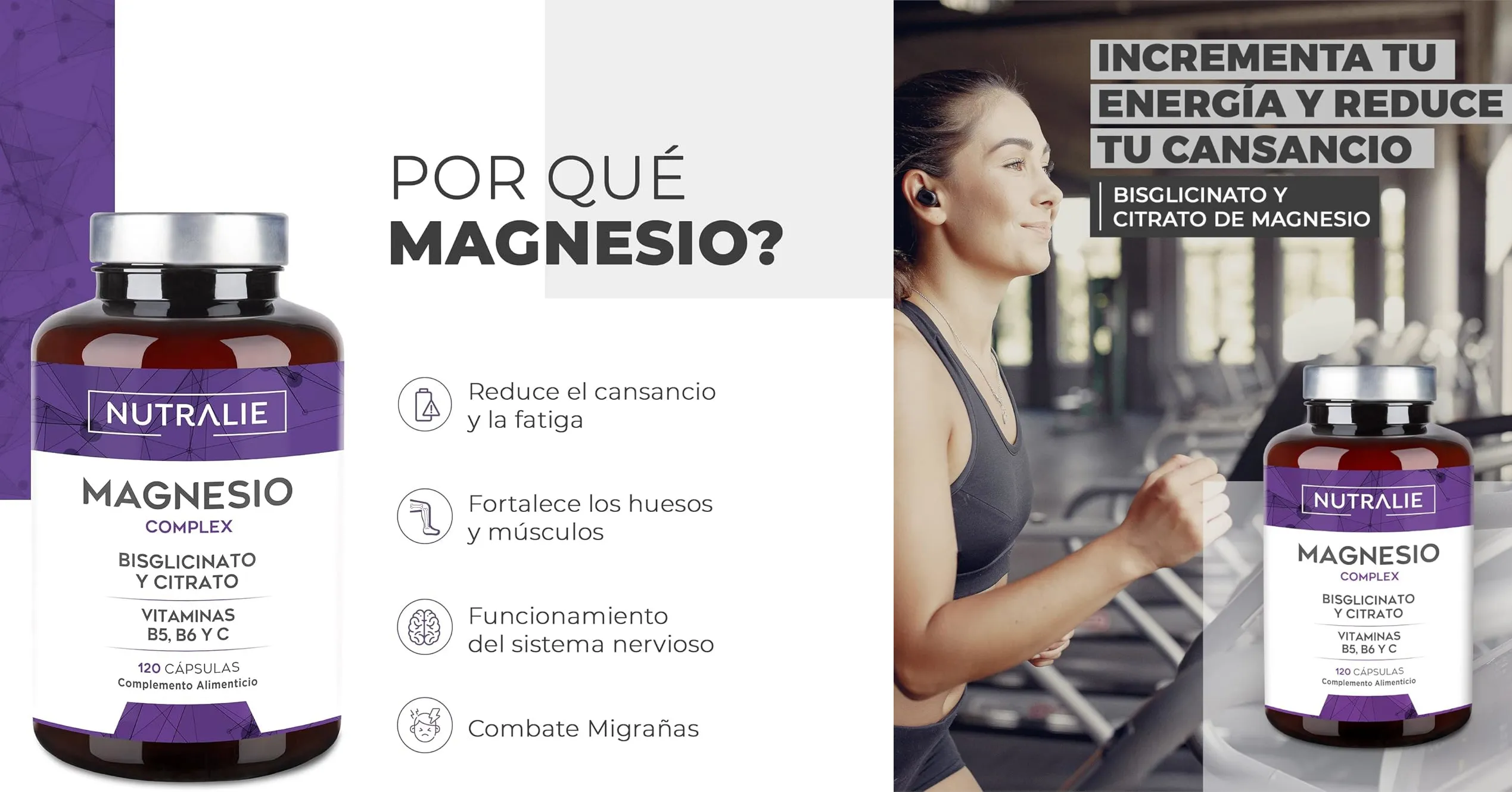 Magnesio de Alta Absorción - Citrato y Bisglicinato Nutralie (120 Cápsulas)